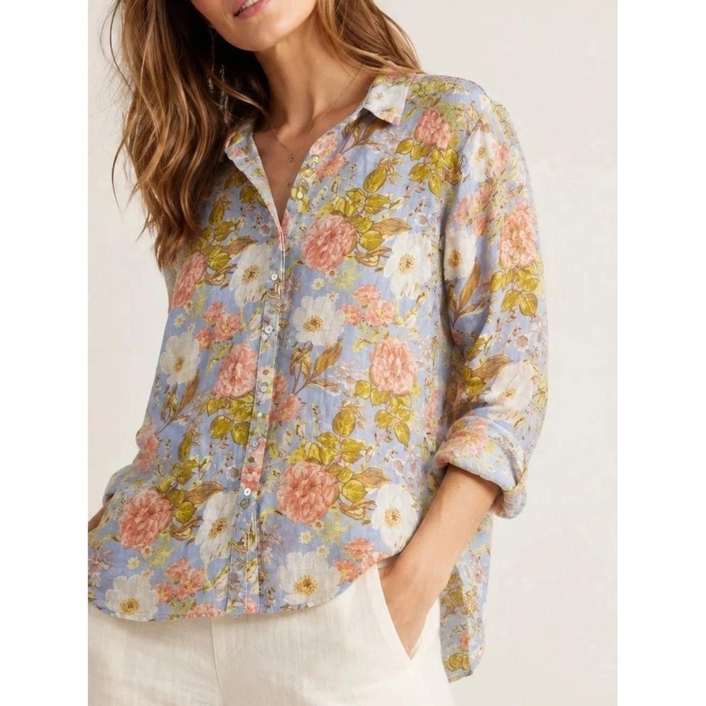 Joie Womens Blue Floral 100% Linen Button Down Shirt Size M Long Sleeve